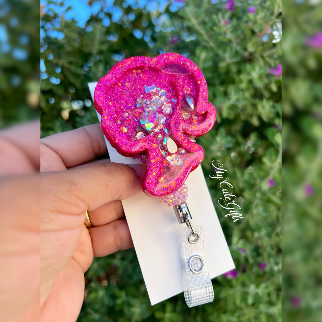 Barbie shaker badge reel